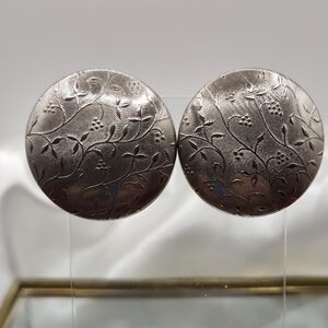 Vintage Charel Silver Tone Large Textured Button Clip Earrings